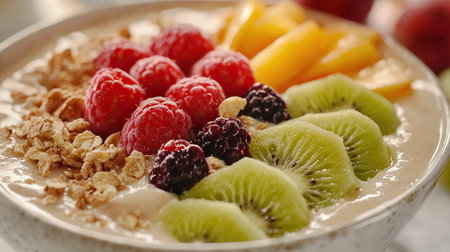 Delicious bowl of creamy smoothie topped with fresh fruit and nuts in a modern kitchenの写真素材
