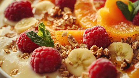 Delicious bowl of creamy smoothie topped with fresh fruit and nuts in a modern kitchenの写真素材