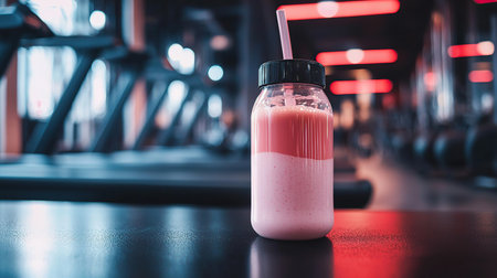 Refreshing protein shake placed at a modern gym during a workout session with equipment in viewの写真素材