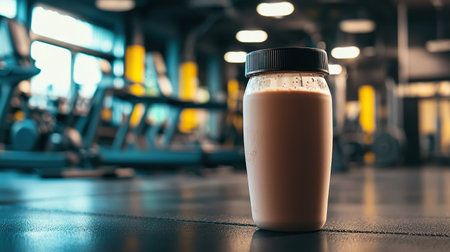 Refreshing protein shake placed at a modern gym during a workout session with equipment in viewの写真素材