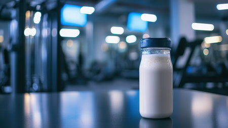 Healthy protein shake on a table in a modern gym setting during an afternoon workout sessionの写真素材