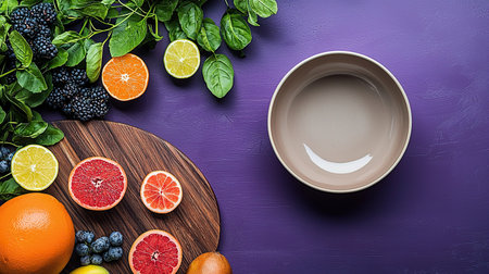 Fresh fruits and veggies in a vibrant array on a purple kitchen counterの素材