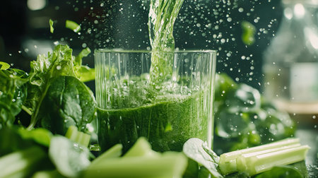 Refreshing green smoothie preparation with fresh ingredients on a summer dayの素材