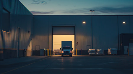 Delivery truck arrives at warehouse loading dock during twilight hoursの素材