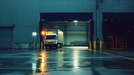 Delivery truck arrives at warehouse loading dock during twilight hoursの素材