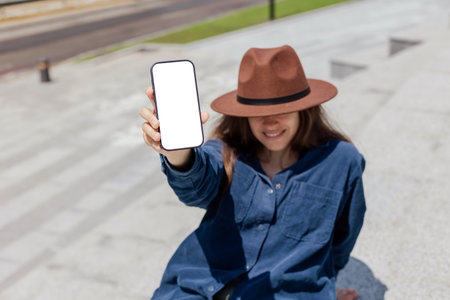 Young woman in hat sitting outdoors, holding smartphone while smilingの写真素材
