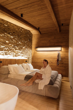 Cozy hotel room with elegant design and relaxation areaの写真素材