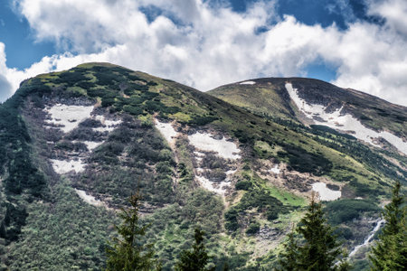 Idyllic view of mountain top under blue sky with white clouds in summer Karpaty Ukraine Hoverlaの写真素材