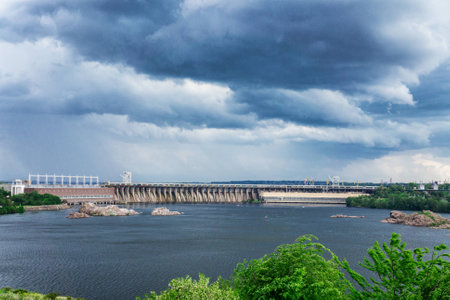 view of the Hydro power station on the island of Khortytsya Zaporozhye region Ukraineの写真素材