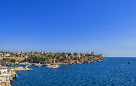Panoramic view on a harbor in old town Kaleici. Antalya, Turkey.のeditorial素材
