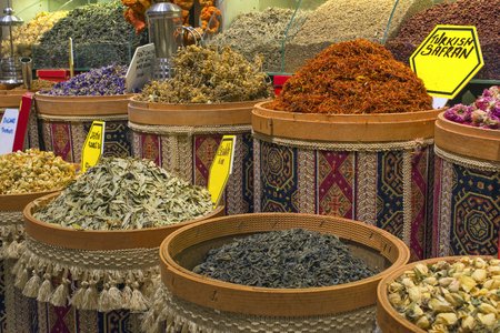 Spices and herbs in pots for sale - Kemer, Turkey.の写真素材