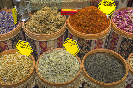 Spices and herbs in pots for sale - Kemer, Turkey.の写真素材
