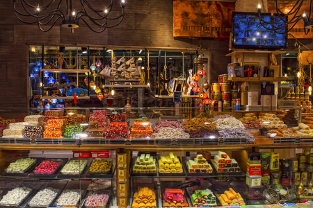 KEMER, TURKEY - OCT 4, 2017: Traditional turkish delight in Kemer Old Bazaar store.のeditorial素材
