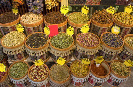 Seasoning, spices and herbs in pots for sale - Kemer, Turkey.の写真素材