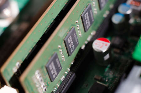 Random access memory of a personal computer macro photo with selective focus. Computer equipment...