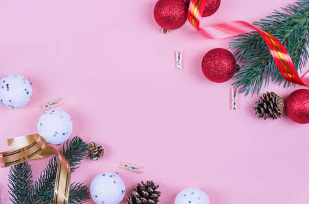 Christmas background with fir branches and Christmas decorations top view. Christmas background flat layの写真素材