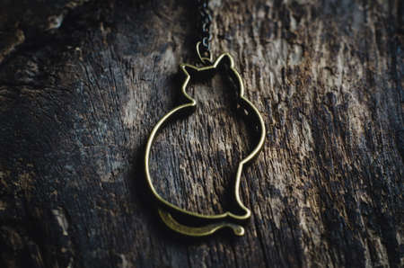 Bronze pendant in the form of a cat on a wooden background