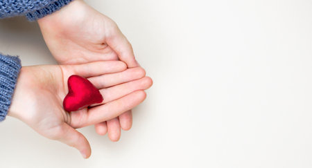 Banner, kid's hands hold a small red heart on a beige background, place for textの写真素材