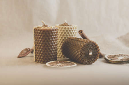 Natural handmade candles with honey aroma. Decorations for the interior.の写真素材