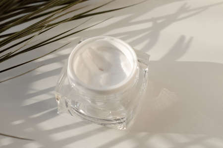 An open jar of cream on a light background with palm twigs. Skin care concept