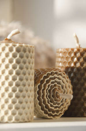 Home decor candles. Handmade decorative wax candles with honey aroma.の写真素材