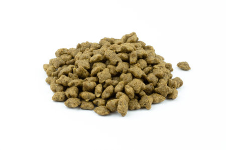 Heap of dry food for cats and dogs on a white background, isolate