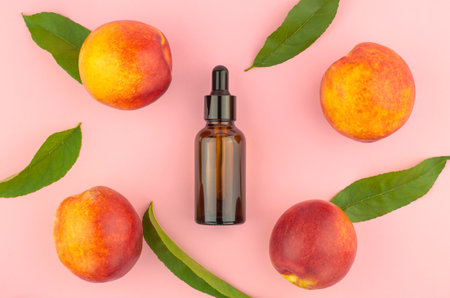 Natural peach oil. Natural cosmetics, hair care. Bottle with essential peach oil, peaches and green peach leaves on a pink background.の写真素材