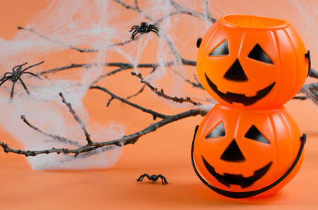 Background for Halloween. Decorations for Halloween on an orange background with place for text. Pumpkins, cobwebs and spiders on an orange background. Halloween partyの写真素材