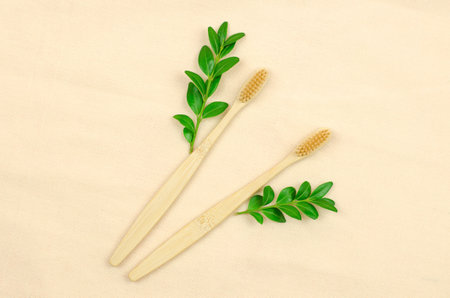 Two wooden toothbrushes and green leaves on linen material. Natural Personal Care Products