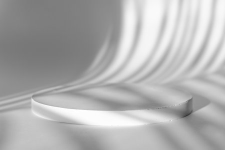 Plaster podium for the presentation of cosmetic products. Large white round advertising stand with a shadow from a palm tree branch. Podium layout for cosmetic product presentation and exhibitionsの写真素材