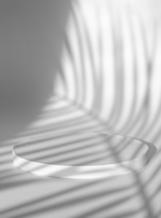Large white round advertising stand with a shadow from a palm tree branch. Plaster podium for the presentation of cosmetic products. Podium layout for cosmetic product presentation and exhibitionsの写真素材