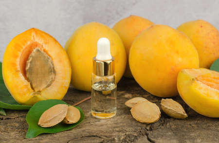Essential oil of apricot and apricot kernels. Cosmetic bottle with apricot essential oil and fresh apricot fruits on a wooden tableの写真素材