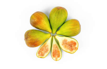Top view of fig fruits on a white background. Ripe juicy figuresの写真素材