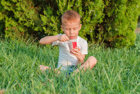 The child eats ice cream in nature. A five-year-old red-haired boy sits in a park on the grass and eats ice cream.の写真素材