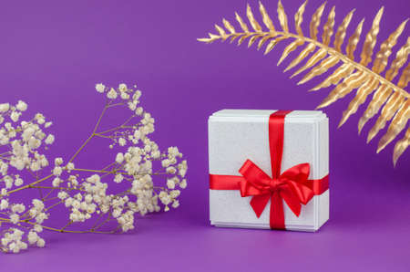 White gift box with a red bow on a purple background with a golden palm branch and white gypsophilaの写真素材