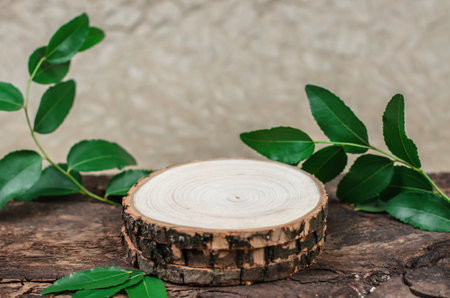 Wooden podium for ecological advertising cosmetic products. Showcase for cosmetic products with...