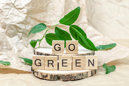 The words go green on a wooden podium with green leavesの写真素材