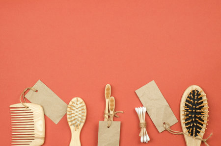 Wooden accessories for personal hygiene and everyday life. Eco-friendly products, no waste and no plastic. Zero Wasteの写真素材