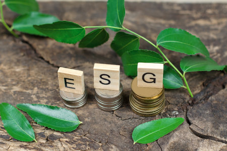 environmental social management. ESG abbreviation on wooden cubes, on gold and silver coins framed by green leaves. The concept of environmental conservationの写真素材