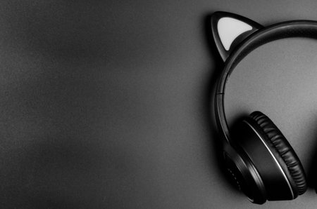 Black wireless headphones on a black background, copy spaceの写真素材