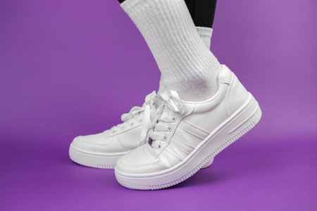Women's legs in stylish white sneakers. Sneakers on legs on a purple backgroundの写真素材