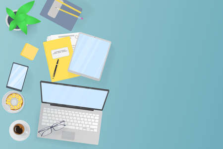 Workplace for business, management, finances and self office. Place for text. View from above....