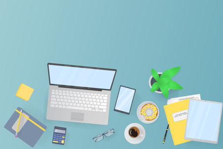 Workplace for business, management, finances and self office. Place for text. View from above. notebook and office supplies on the desktop.のイラスト素材