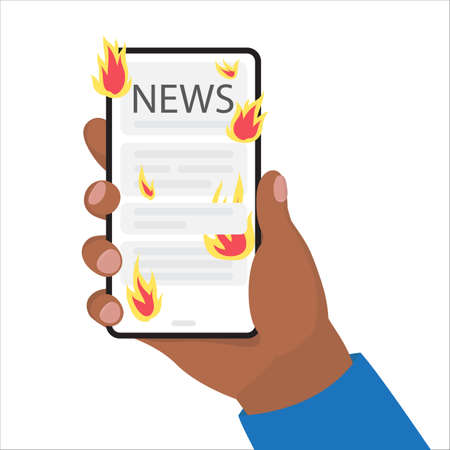 Male hand holding a phone with a  fire news , on white background. dark skin tone.のイラスト素材