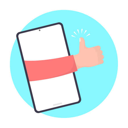 Smartphone with hand and thumbs up on blue circle background. Light skin tone. Flat design style illustration.のイラスト素材
