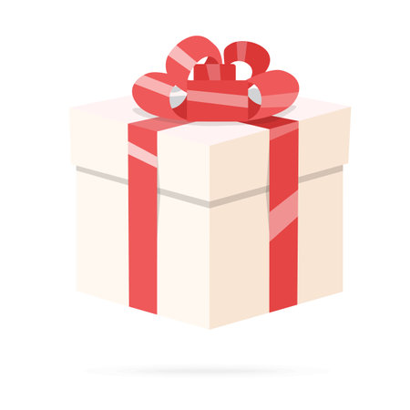 Paper gift box with red tape and bow , on white background . Flat design illustration. Stock vector graphicsのイラスト素材