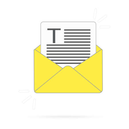 Envelope yellow with sheets of paper and text, and leter T. New email . Flat design illustration. Stock vector graphicsのイラスト素材