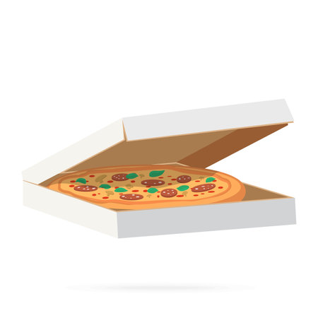 Pizza in box with shadows, on white background . Flat design illustration. Stock vector graphicsのイラスト素材