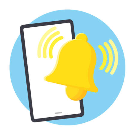 Smartphone with notification bell 1 on a green circle background. mobile notification concept. Flat design style illustration.のイラスト素材