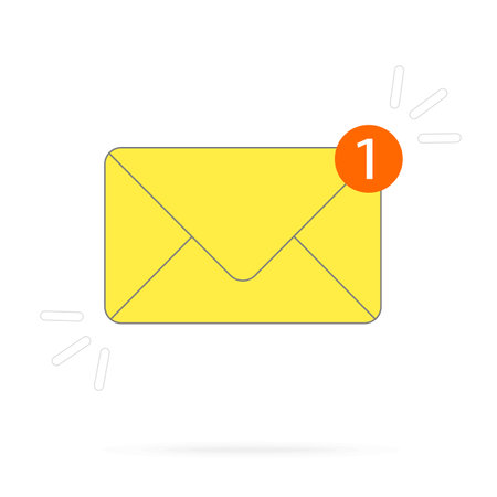 Mail yellow envelope icon with red circle and number 1, on white backgroundのイラスト素材